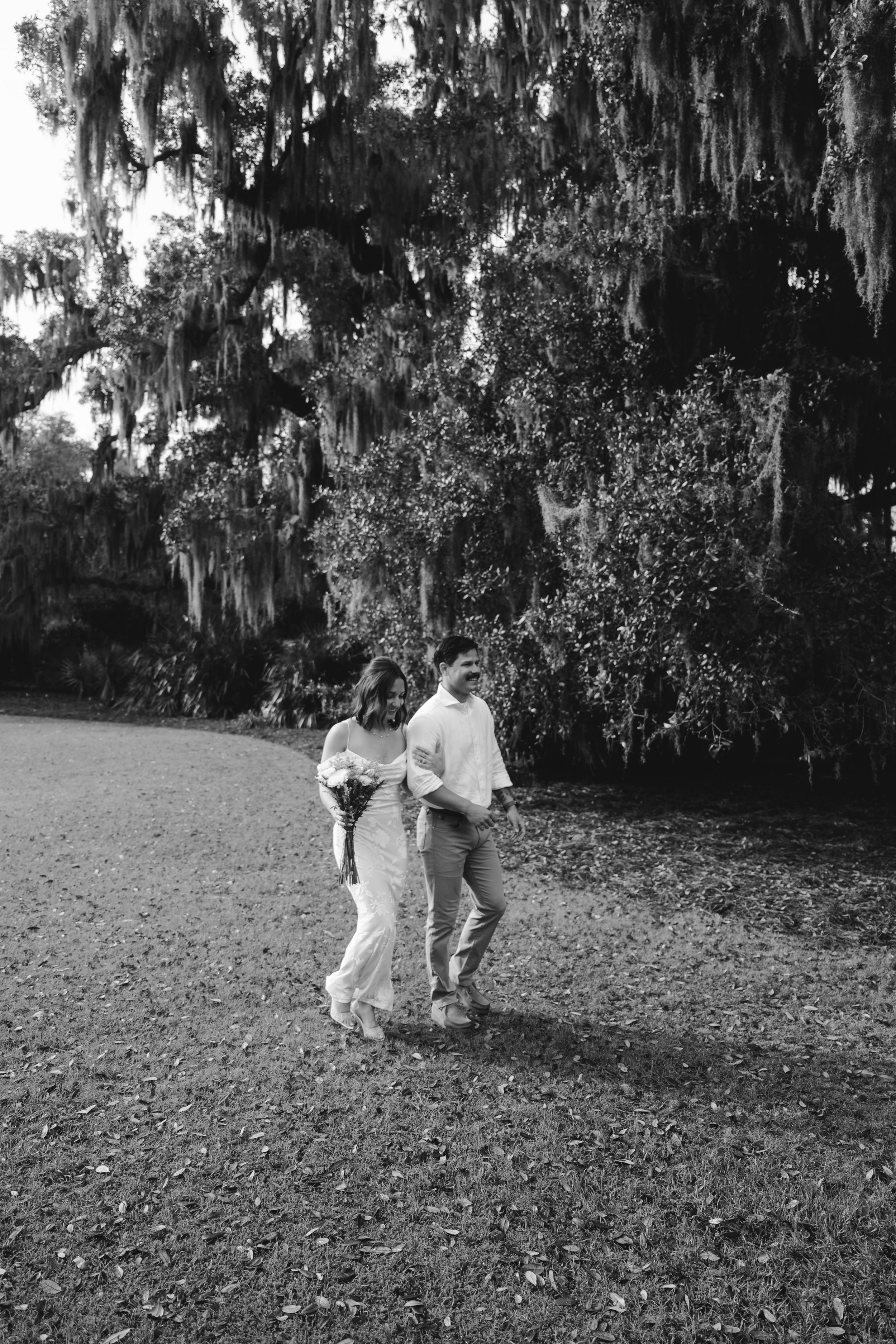 Three artistic black and white photographs show people walking across a field with dramatic Spanish moss hanging overhead.