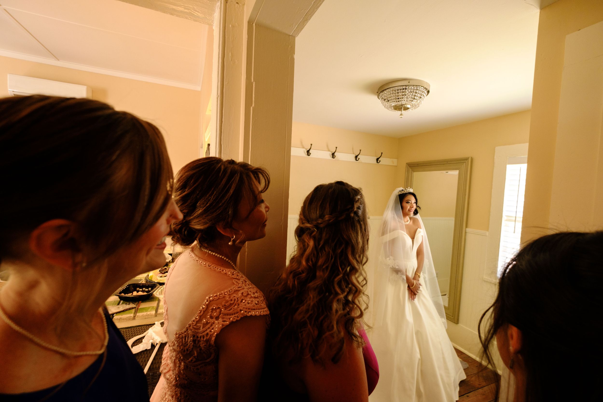 A collage of interior moments showing preparations in a brightly lit room with warm lighting.