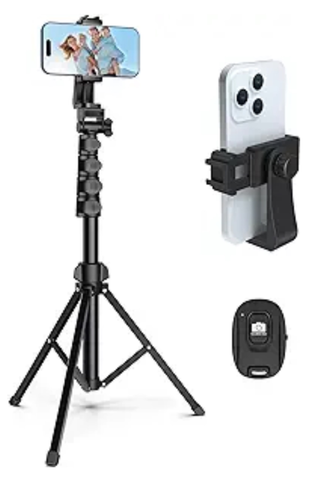 Phone tripod stand with adjustable height and Bluetooth remote control for mobile photography and video recording.