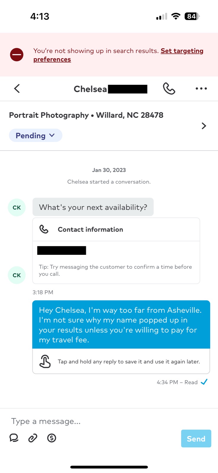 Mobile messaging interface showing conversation about portrait photography services.