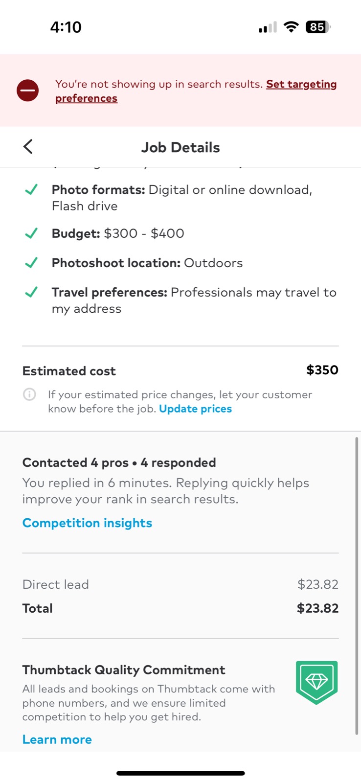 Mobile app interface displaying photography job details and pricing information.