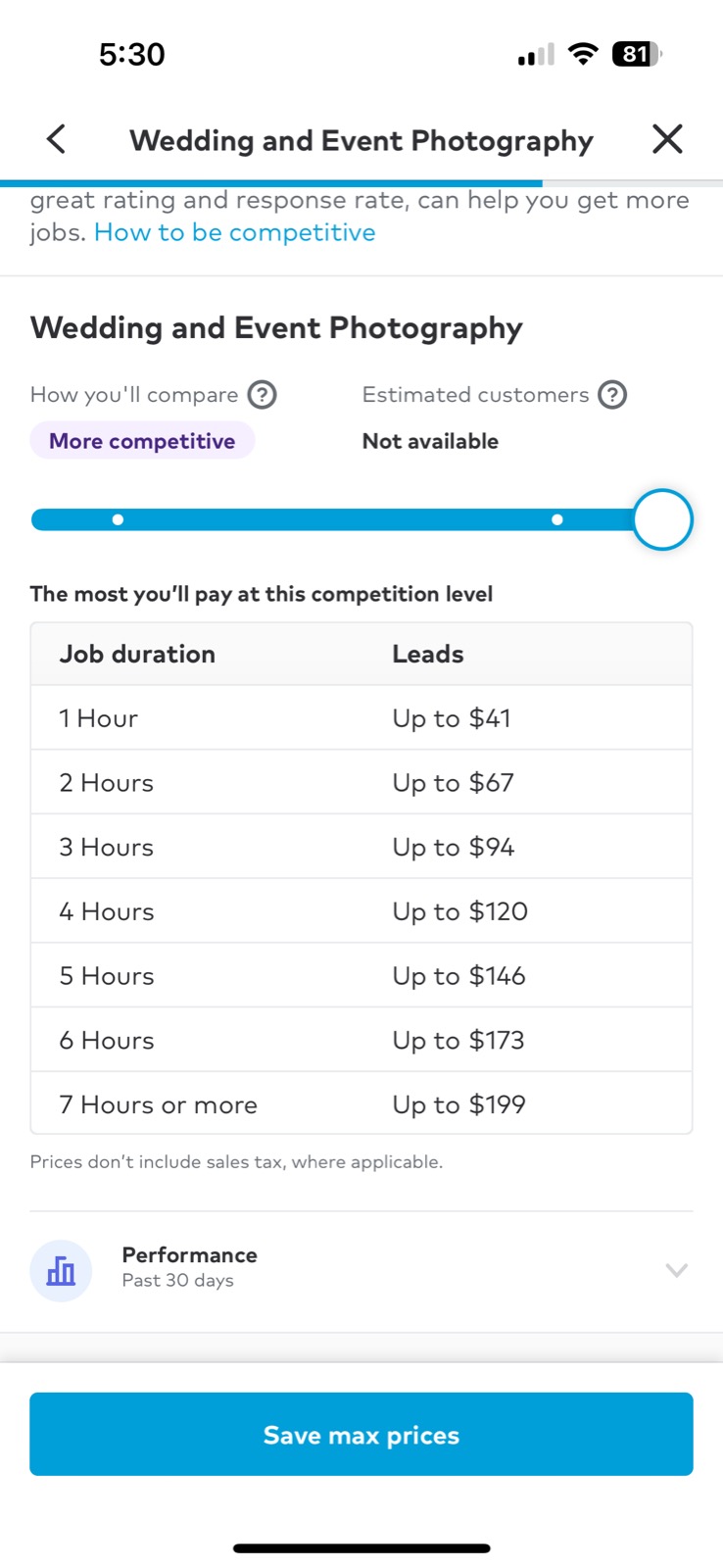 Pricing chart showing wedding photography rates based on hourly duration up to 7+ hours.